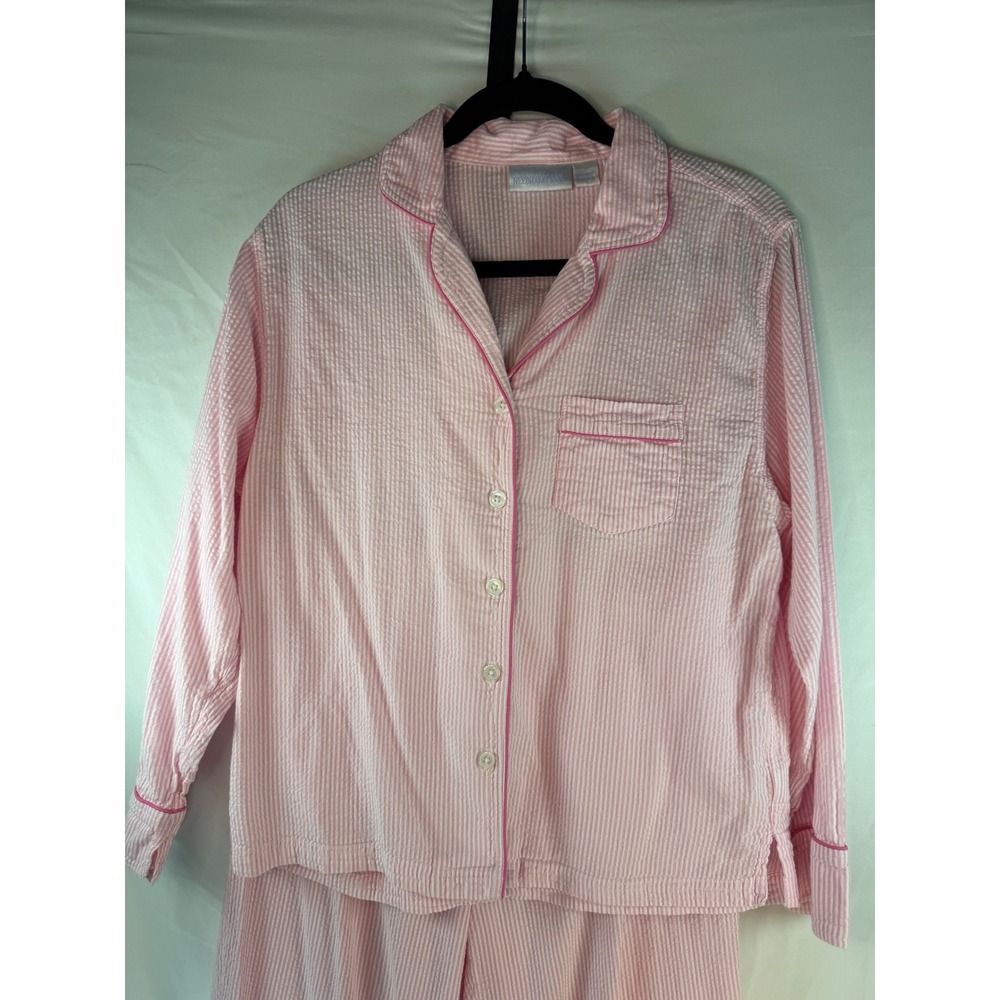 Needham Lane Pink Seersucker Pajama Set Womens Medium 100% Cotton Striped PJs